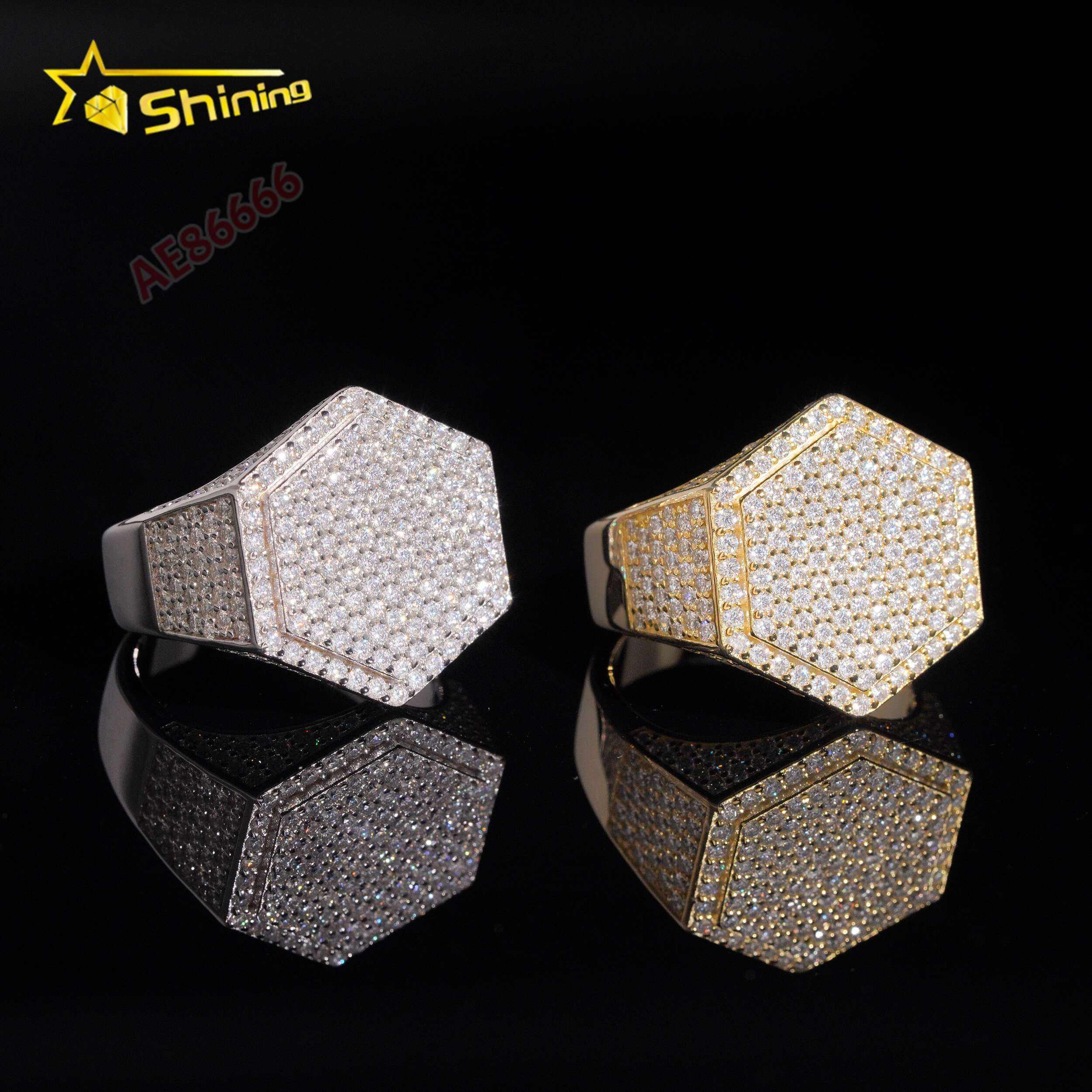 High Quality Iced Out Hexagon Men Hip Hop Moissanite Ring 925 Silver 18K Gold Plated Full Paved Sparkling Statement Signet Ring Trendy Rapper Street