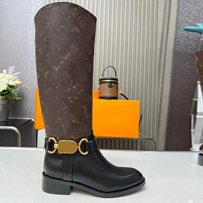 Botas altas Beaubourg de diseñador de moda para mujer Botas altas de cuero de becerro marrón de retazos negros de lujo Botas de caballero de estilo