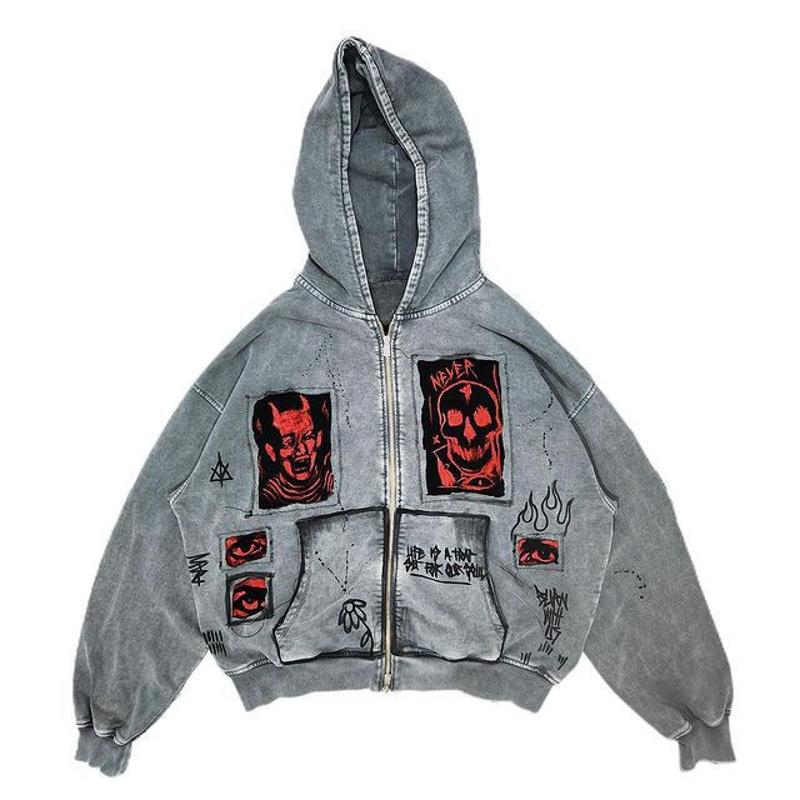 Designer Y2K Vintage Devil 3D Patch imprimé lourd sweat à capuche zippé unisexe Streetwear surdimensionné sweat-shirt veste hommes femmes
