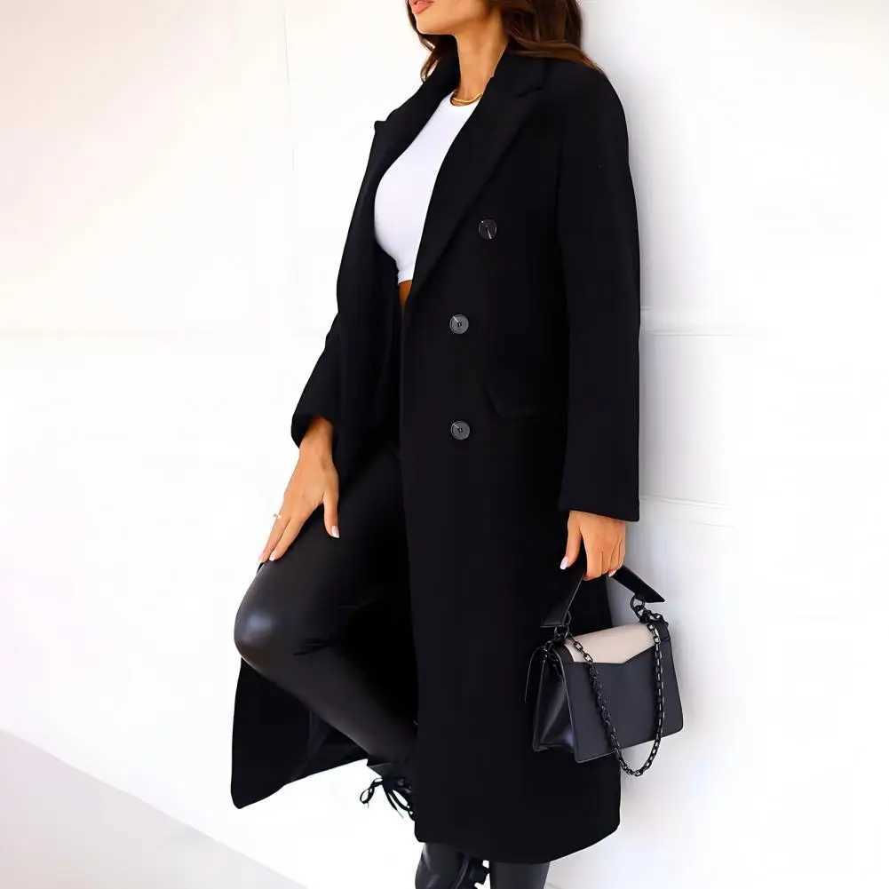 Women Long Wool Blend Coat Lady Double-Breasted Trench Coat Casual Notch Lapel Peacoat Fall Winter Overcoat Solid Women Jacket D261006