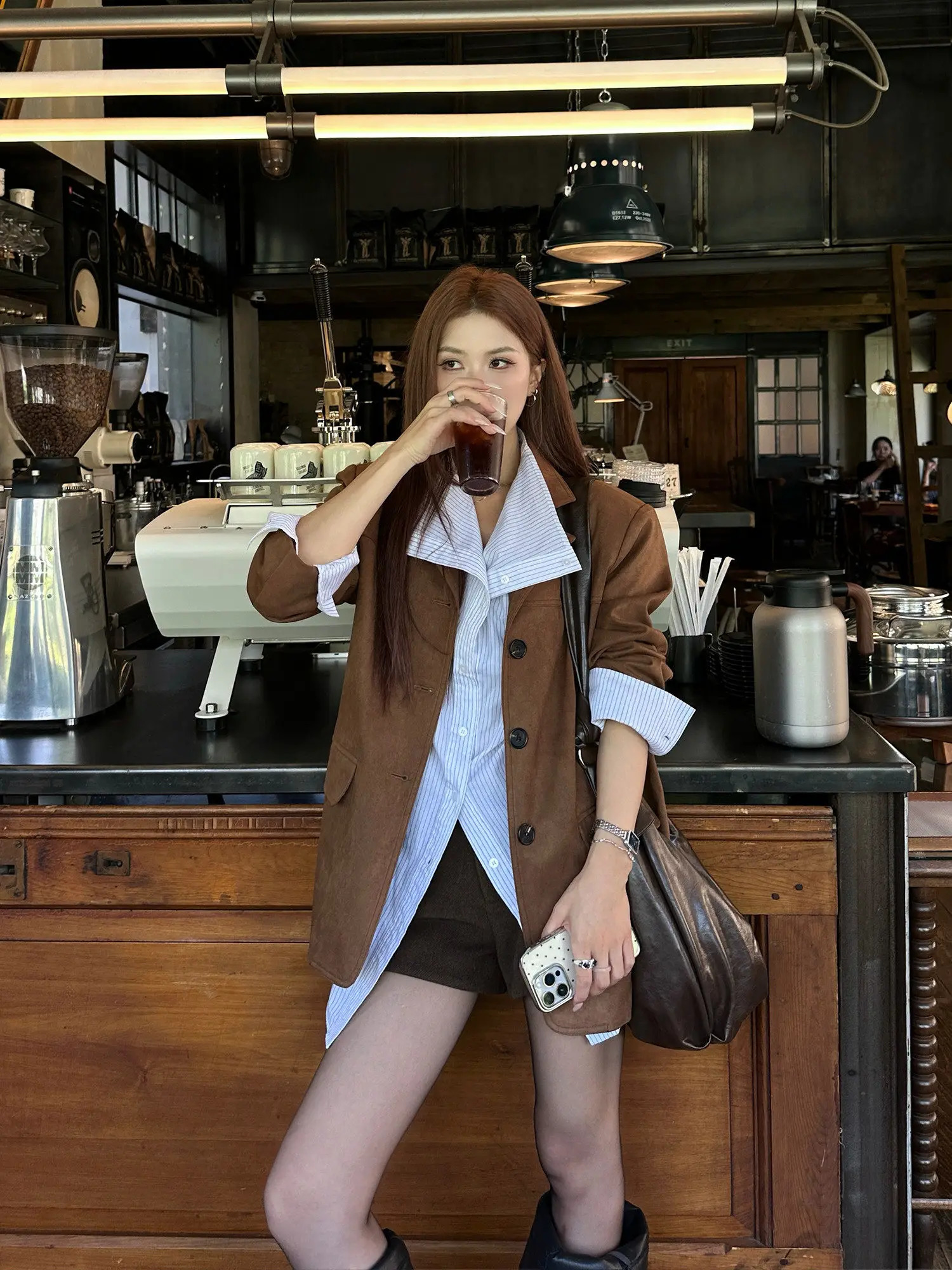 Women's Coffee Brown Faux Suede Blazer Spring Elegant y Business Suit Jacket 260929