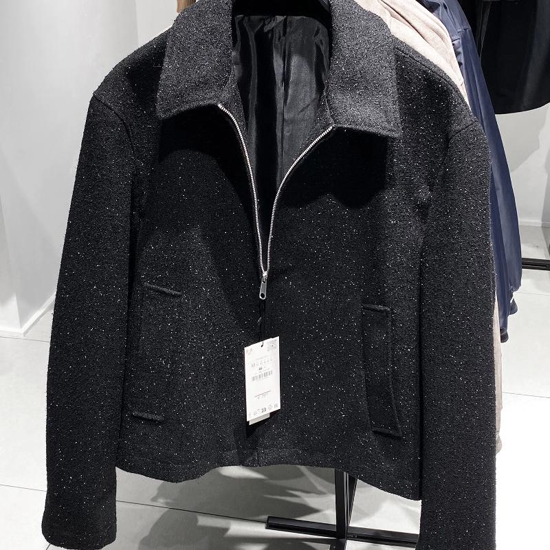 Veste courte en mélange de laine et fil brillant pour homme, fermeture éclair, col à revers, décontracté, printemps-automne, vêtements d'extérieu