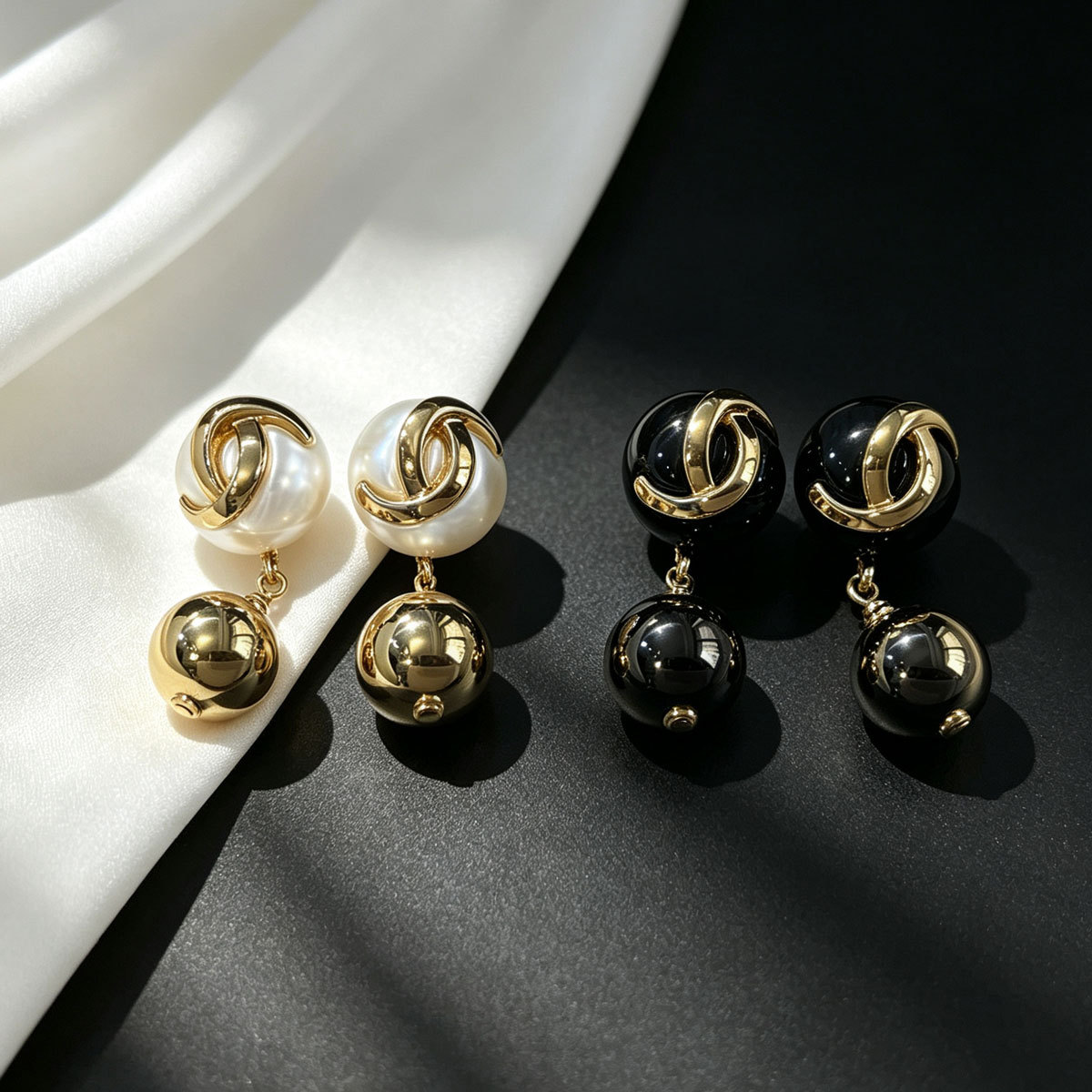 earrings luxury designer double ball drop earrings for women glossy pearl black enamel geometric dangling earrings fashion wedding party jewelry acc