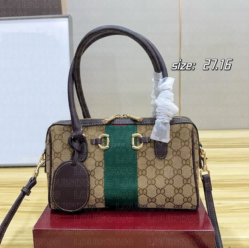 designer Luxury Boston Bag Women Black Leather Top Handle Bowling Handbag Green Web Stripe Crossbody Satchel Purse Removable Shoulder Strap Leisure