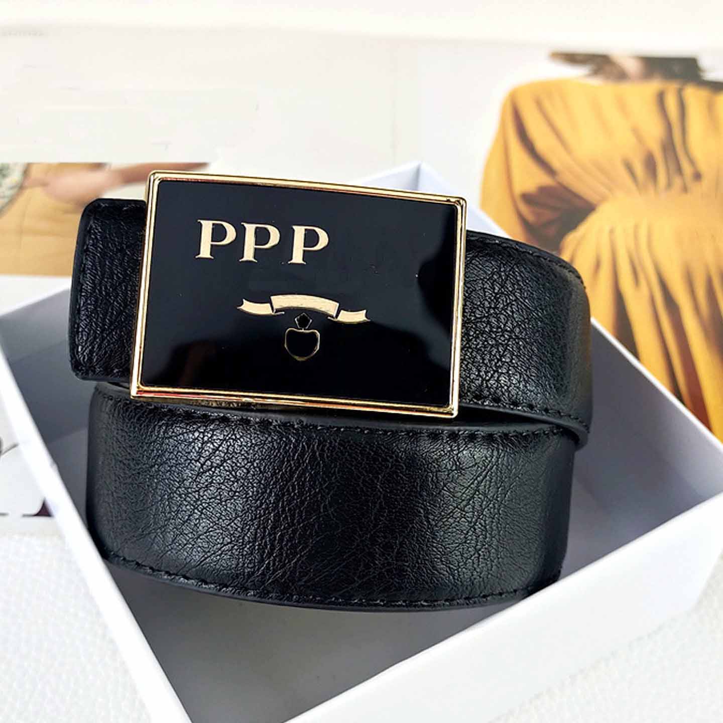 High-end leather belt, new style business men's triangular casual letter smooth genuine leather versatile cowhide belt, fashionable Prrado belt