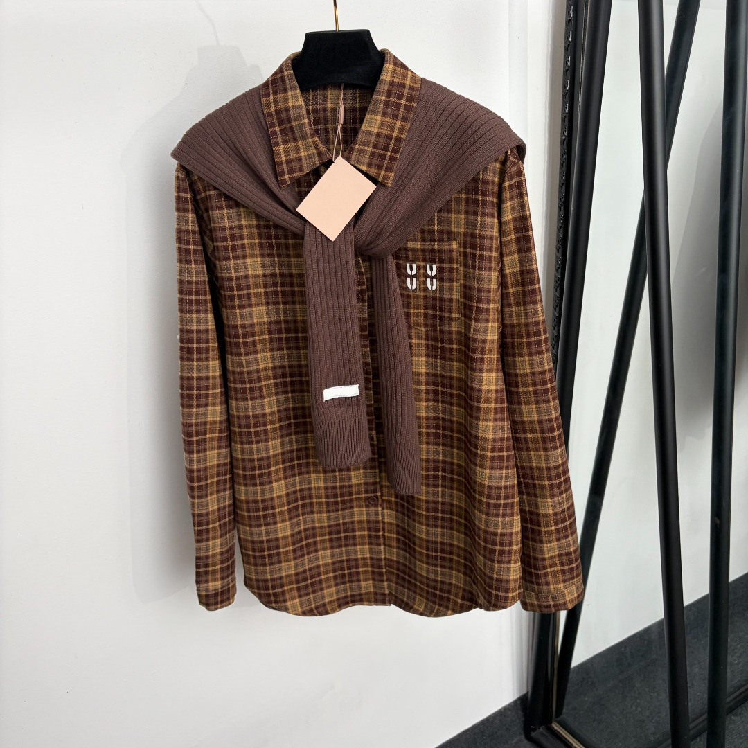 Designer Vintage Womens Shirts Elegant Women Long Sleeves Luxury Checkered Shirt Winter Fashion Women Chemise Loose Knitted Shawl