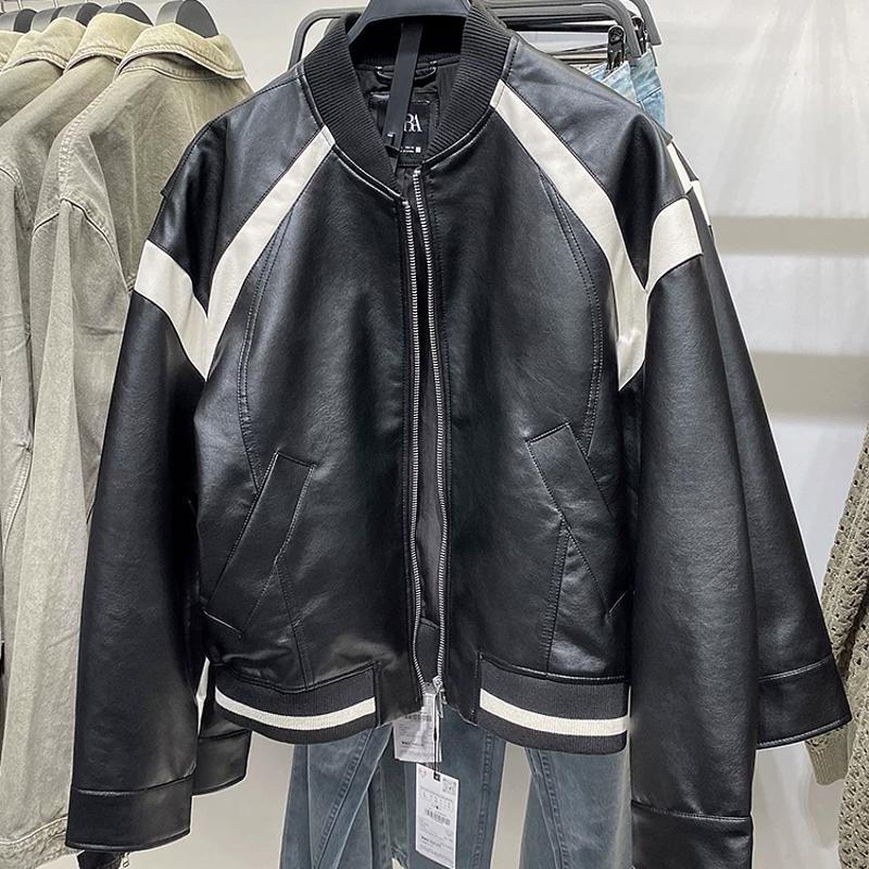 Veste en similicuir de styliste, automne-hiver, col de baseball, fermeture éclair brodée, coupe-vent, bombardier court, vêtements d'extérieur déc
