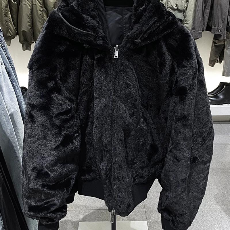 Veste d'hiver épaisse et chaude réversible à capuche pour hommes, manteau coupe ample avec poches et fermeture éclair, noir uni