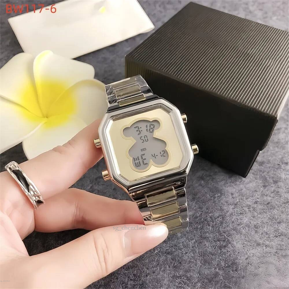 Fashion Women Men Silver Rose Gold Stainless Steel Bear Square White Zircon Electronic Watch Leather Chain Pulsera Span Jewelry