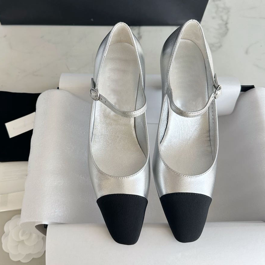 Women Two Tone Mary Jane High Heels Silver Metallic Leather Square Toe Ankle Strap Pumps Elegant Footwear for Wedding Party Dating