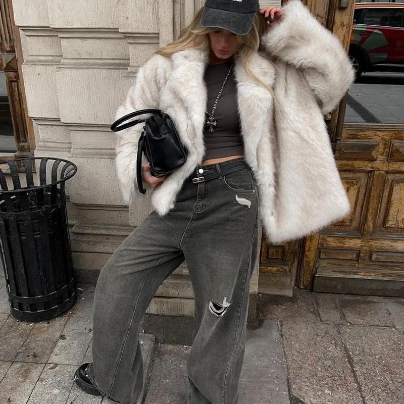 Designer de haute qualité femmes fausse fourrure manteau col de fourrure chaud mi-long vêtements de sortie d'hiver dégradé streetwear élégant ves
