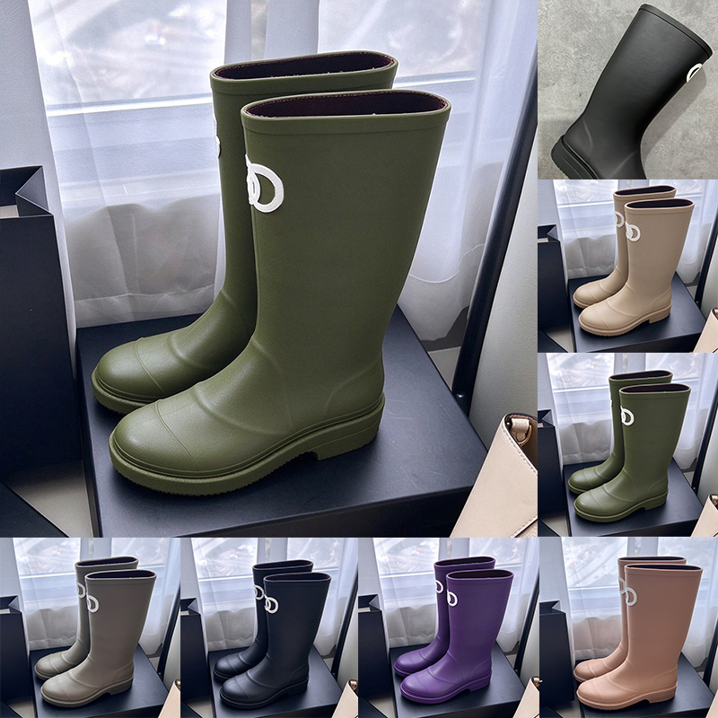 with box designer boots women comfortable long booties thick-soled fashion hunters boots Knee womens rain boots luxury boot black olive green Round