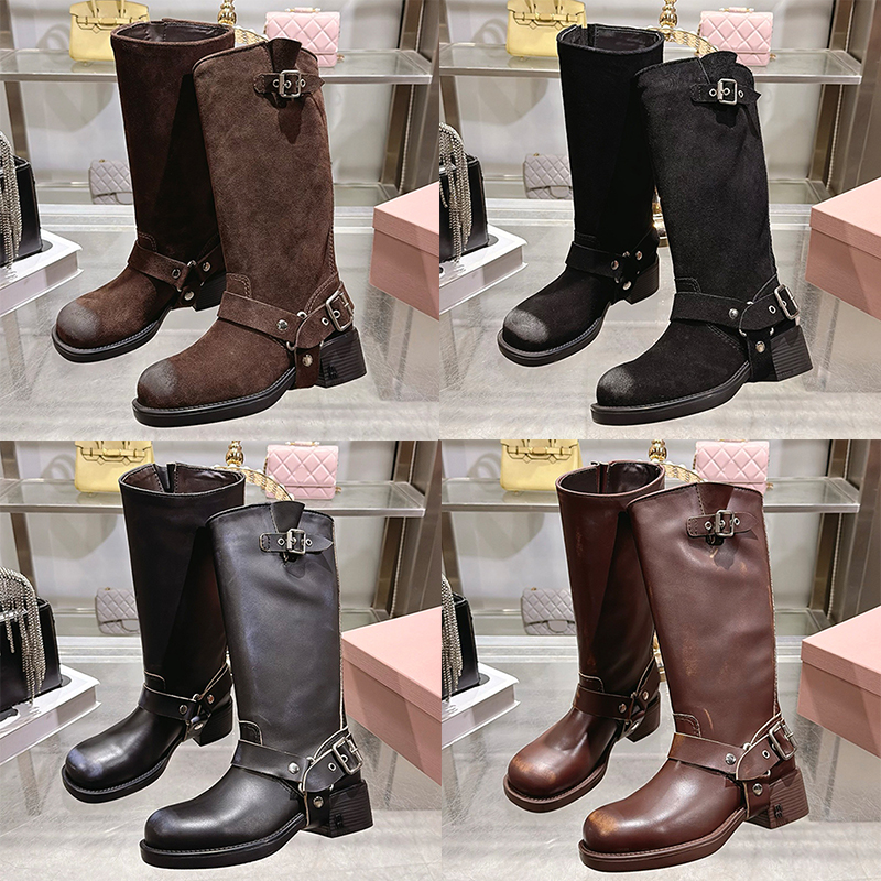 Womens Suede Leather Boots Designers Logo Engraved Metal Buckle Strap Chunky Heel Ladies Knee High Boots Luxury Round Toes Knight Boots Rubber Sole