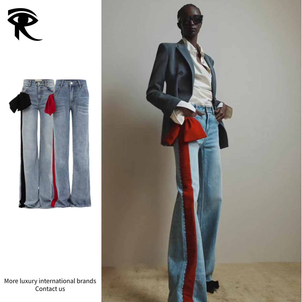 Jeans de luxe italiens pour femmes, taille haute, jambes larges, avec ruban latéral, nœud contrasté, rayures en denim délavé, pantalon droit, ten