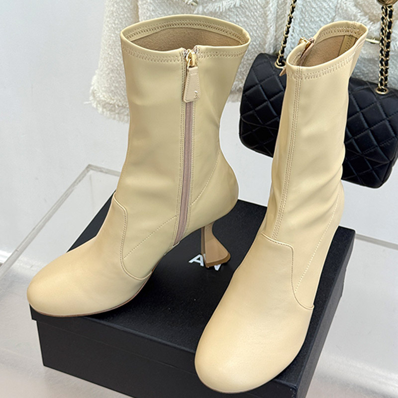 Elastic Womens Bare Boots High Quality Soft Leather Round Toe Highheeled Zipper Short Boots Ladies Party Banquet Style