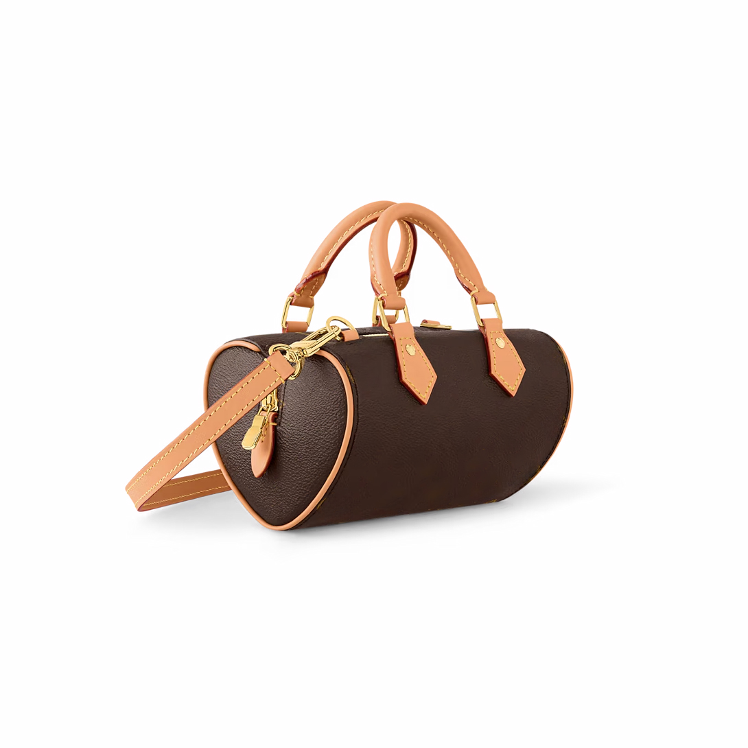 Luxy Designer Spdy Nano Dating Sacs à bandoulière pour femme Petit mini sac à main Sac à main à bandoulière, Sac baril en toile imprimée marron a