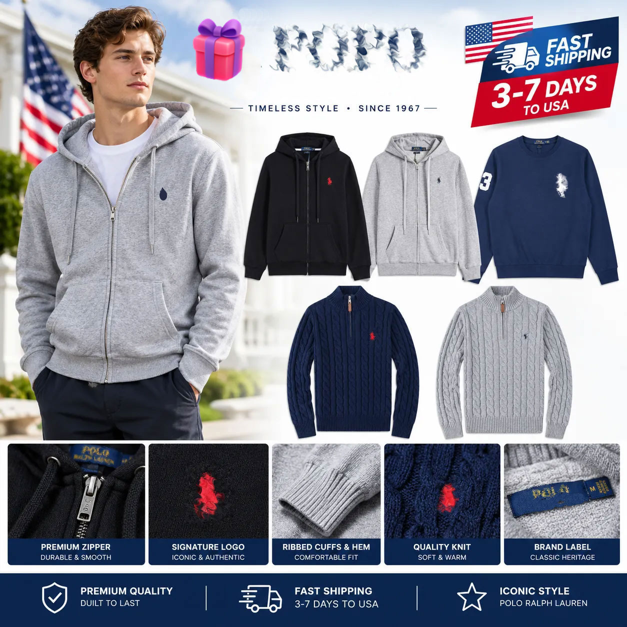 Sweats à capuche pour hommes Sweats à capuche de broderie Sweats à capuche Polo Survêtement Zip Up Sweat à capuche Polo Pull à capuche en coton Q