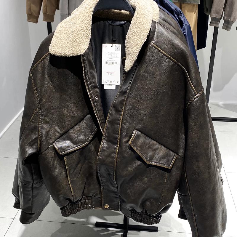 Veste rembourrée en Faux cuir pour hommes, Vintage, vieilli, col en fourrure court, fermeture éclair, manteau d'hiver chaud, vêtements d'extérieu