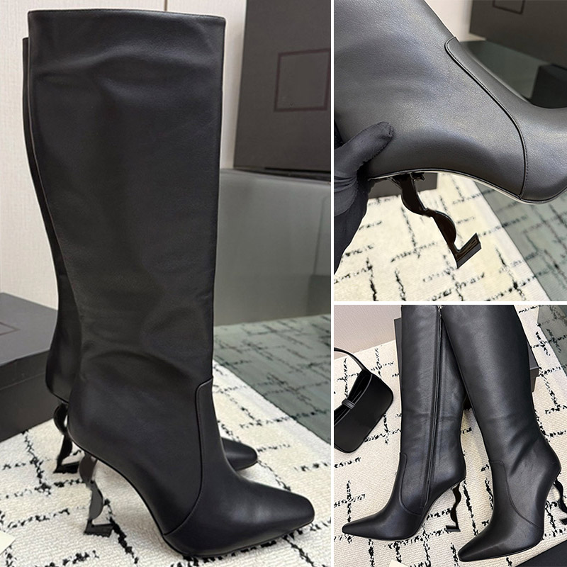 Designer Womens OPYUM Pointed Toe High Boots Black Smooth Leather Zipper Fashion Boots Unique Sculptural Letter Stiletto Heel Party Fashion Sexy Sty