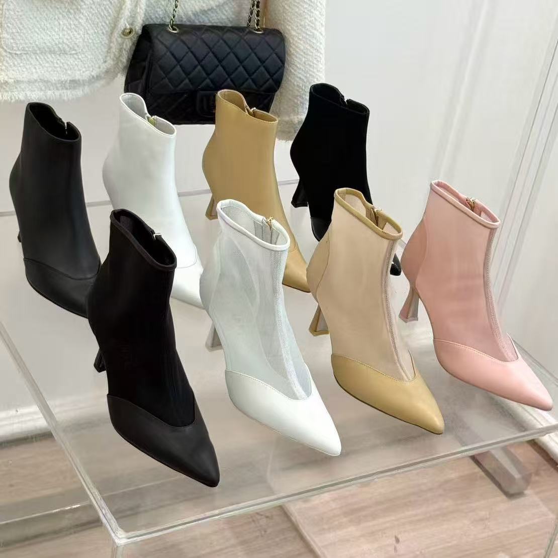 Stivaletti alla caviglia con punta a punta in rete da donna Stivaletti elasticizzati slim fit con tacco medio e cerniera laterale Stivaletti multico
