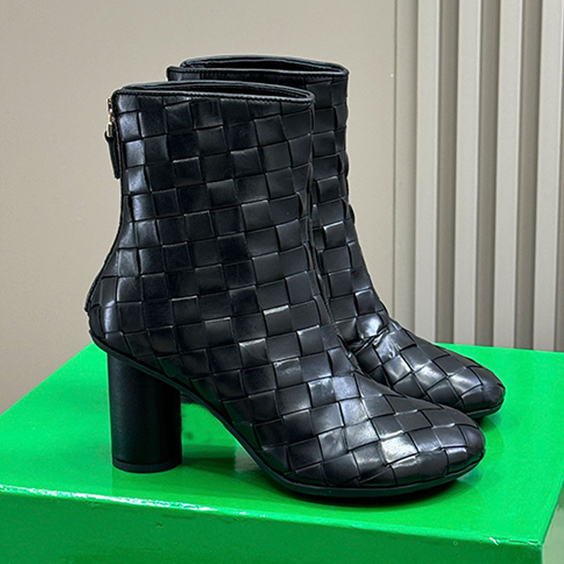 Intreccciato Leather Ankle Boots SS27 New Cherry Ankle Boot Designer Women Woven Coarse Heel Boots Pure Black Top Rubber Non slip Outsole Lady Short