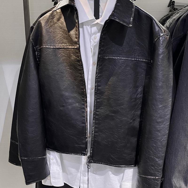 Design Seller Men's Washed Faux Leather Jacket Loose Fit Zip Up Lapel Collar Long Sleeve Brown Casual Spring Autumn Outerwear