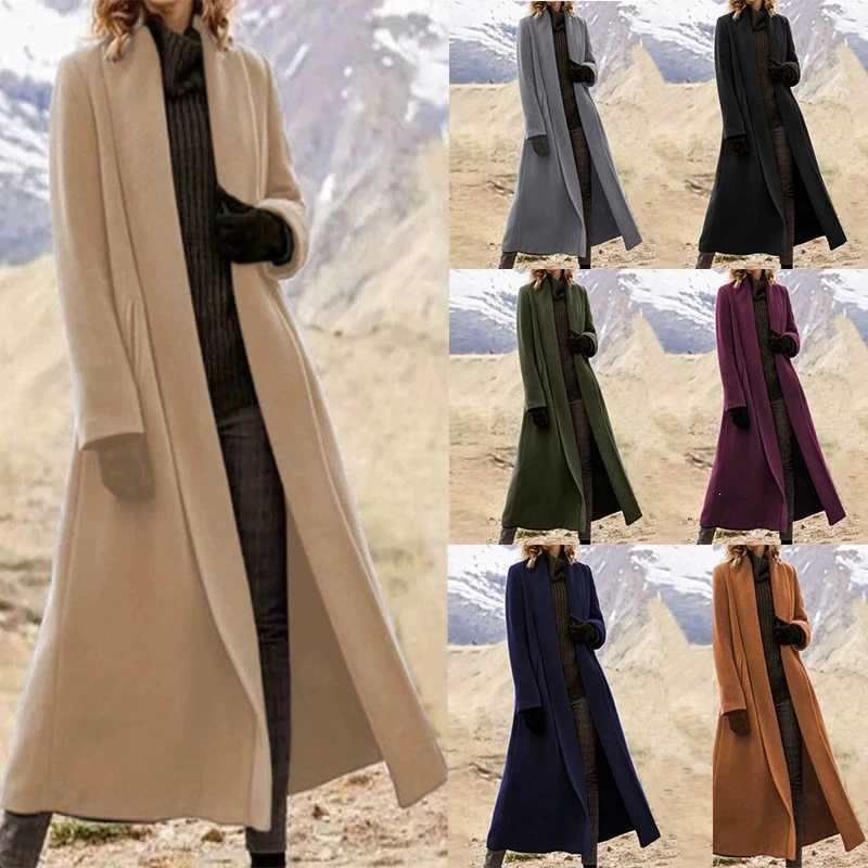 Plus Size Extra Long Woolen Coat Women Loose Casual Wool Blend Trench Outerwear D261006