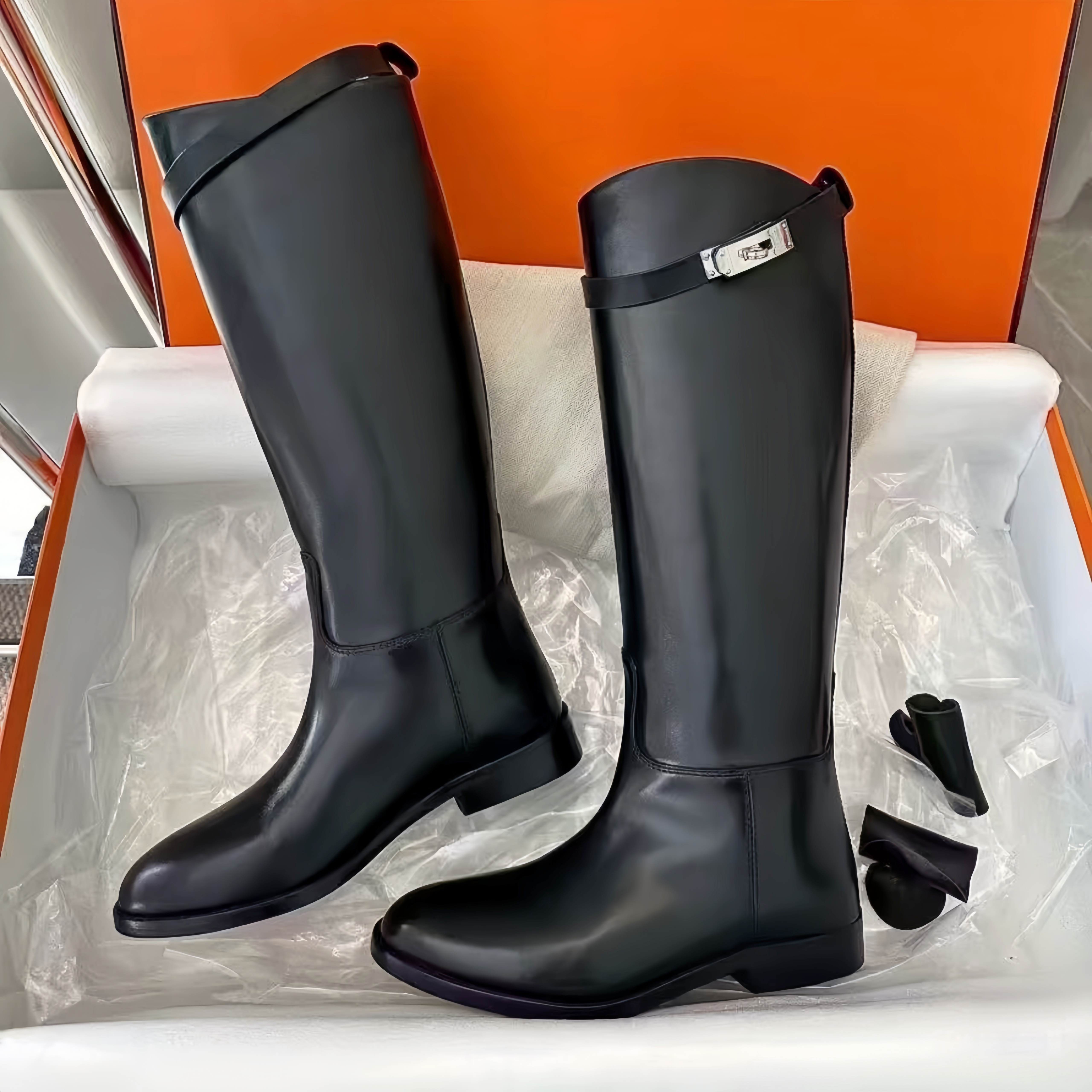 Women Genuine Leather Knee High Boots designer boots Flat Low Heel Metal Buckle Decor Riding Boots Fashion Ladies Round Toe Tall Long Boots