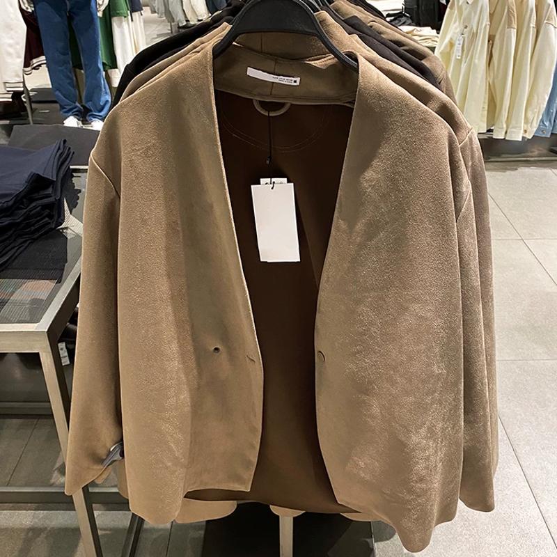 Veste Blazer en faux daim pour homme, coupe ample, couleur unie, décontractée, sans col, avec un bouton, vêtements de sortie d'automne et d'hiver