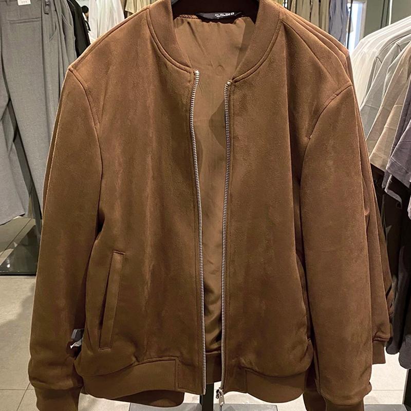 Design Men's Faux Suede Bomber Jacket Slim Fit Casual Spring Autumn Baseball Collar Zip Up Solid Color Outerwear Coat
