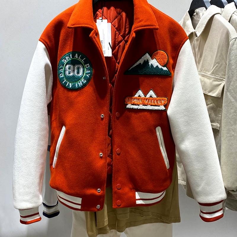 Veste de Baseball brodée pour hommes, manteau rembourré en fausse laine, épais et chaud, Orange foncé, vêtements d'extérieur décontractés, automn