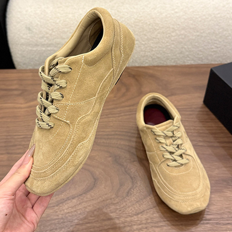 Luxury Women Sneakers Suede Calfskin Dark Beige High Quality Soft Suede Leather Retro Soft Soled Daily Walking Shoes Casual Ladies Shoes