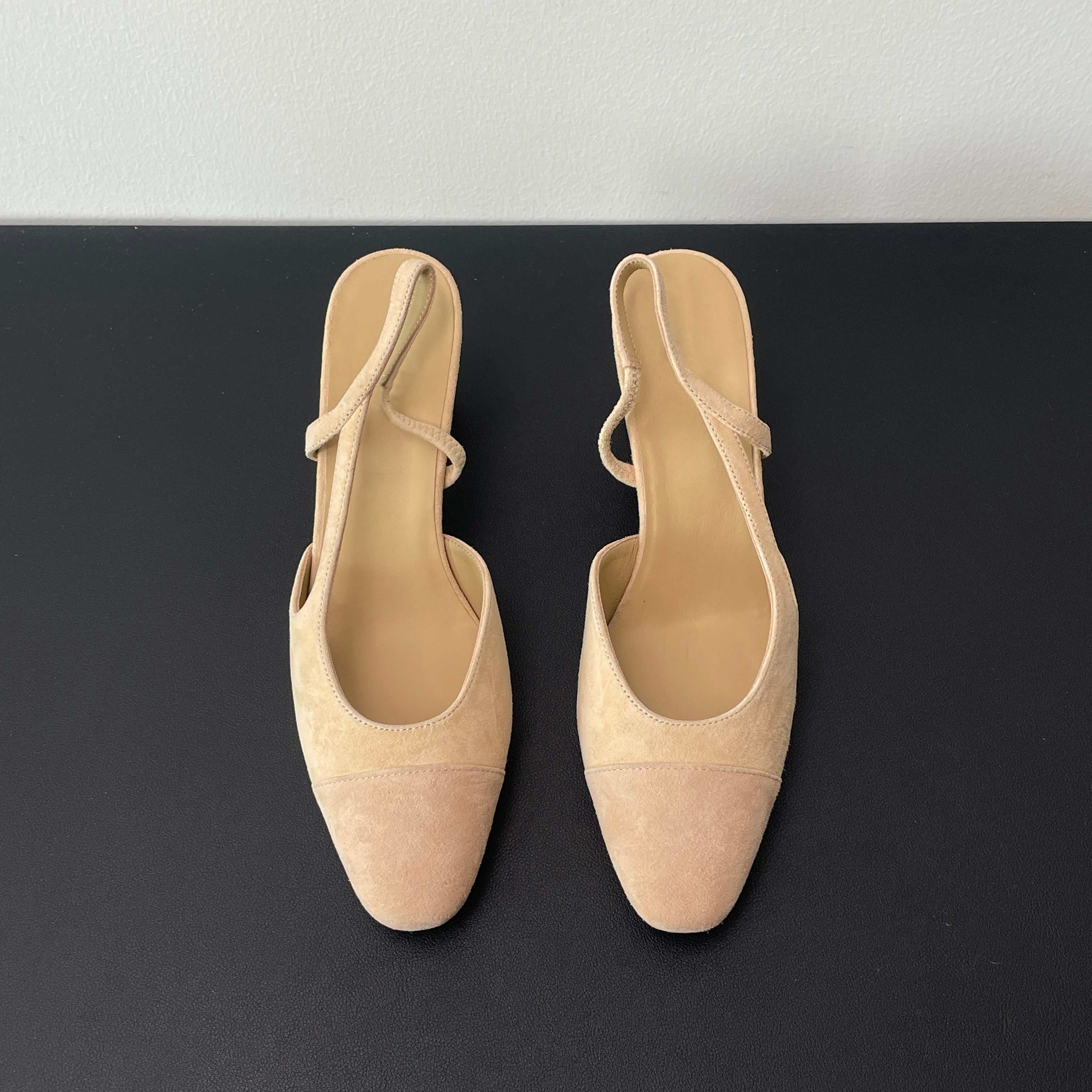 Sandali con Tacco Slingback da Donna in Pelle Scamosciata Bicolore, Décolleté con Tacco Grosso in Stile retrò Francese con Punta Quadrata, Calzatur