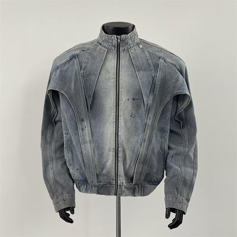 Designer Men's Distressed Washed Denim Jacket Vintage American Deconstructed Stand Collar Loose Fit Spring Autumn Casual Streetwear