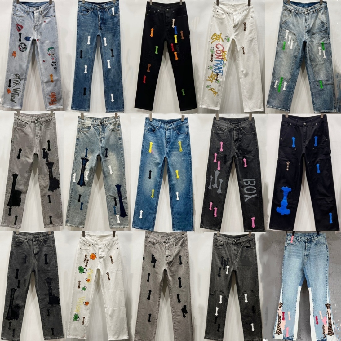 mens designer jeans for men jean shorts jorts Cross Leather Patch Straight Jeans Men Washed Baggy cotton Pants Y2K Street Hip Hop Designer Style Tro