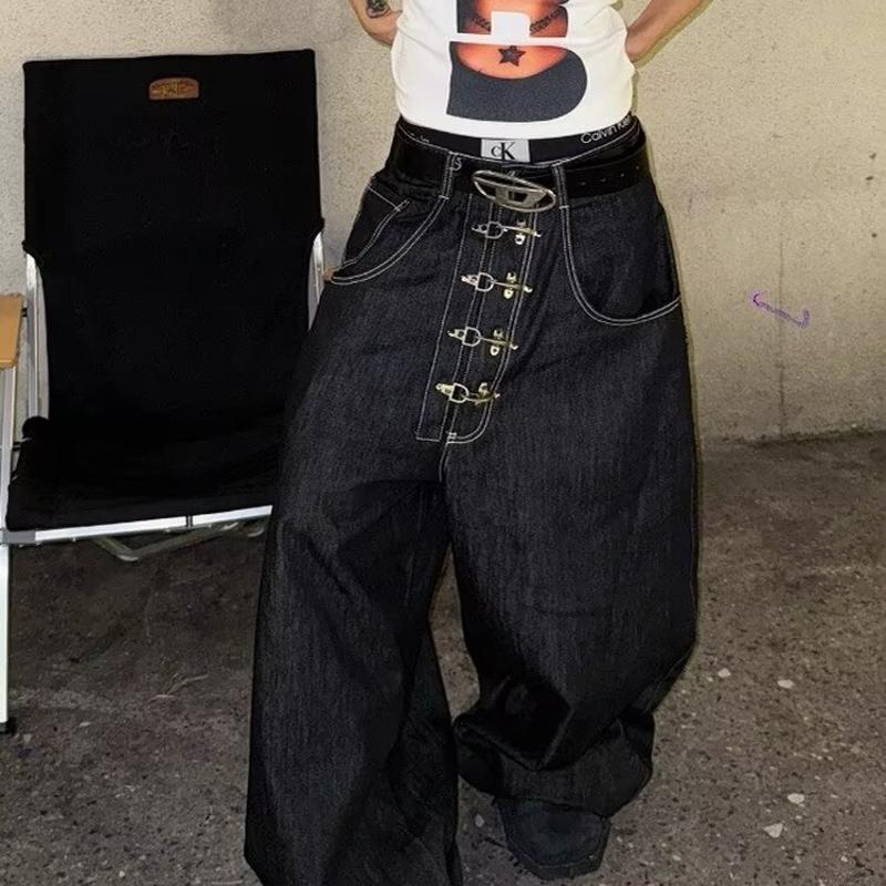 Designer Oversized High Street Vintage Washed Airplane Buckle Frayed Raw Hem Straight Leg Jeans Unisex High Waist Loose Y2K Denim Pants S-3XL