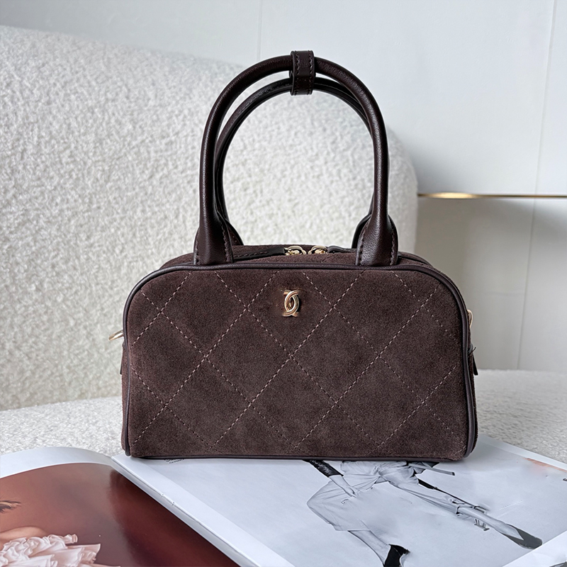 Sac à main Boston vintage en daim matelassé pour femme, mini sac à poignée supérieure à double fermeture éclair, sac à main rétro bowling, petits