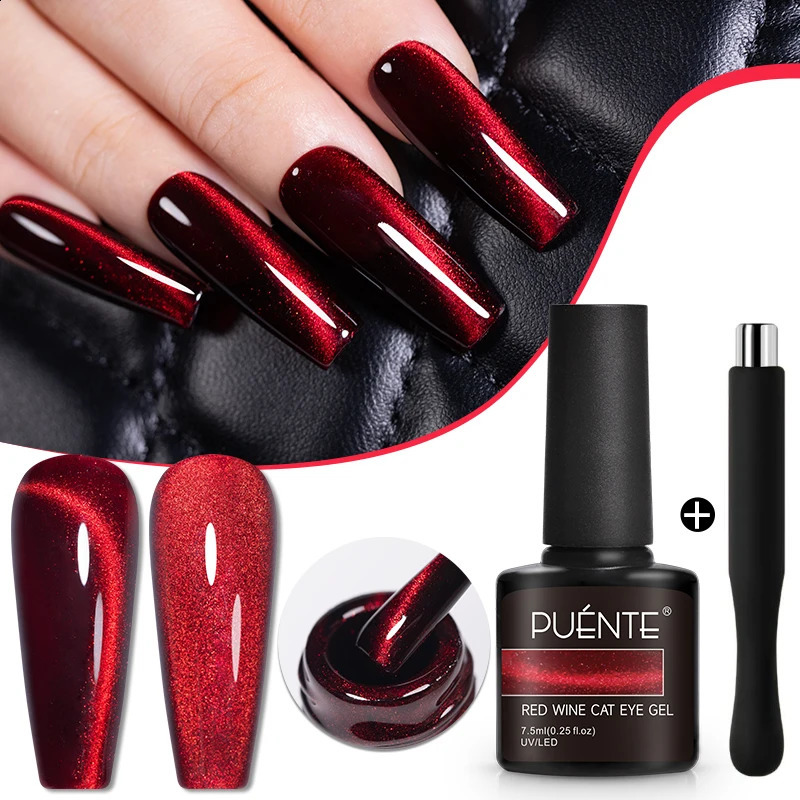 PUENTE 7.5ML Wine Red Magnetic Cat Eye Gel Nail Polish With Magnet Super Shiny Ruby Red MagneticGift for Women 260929CJ