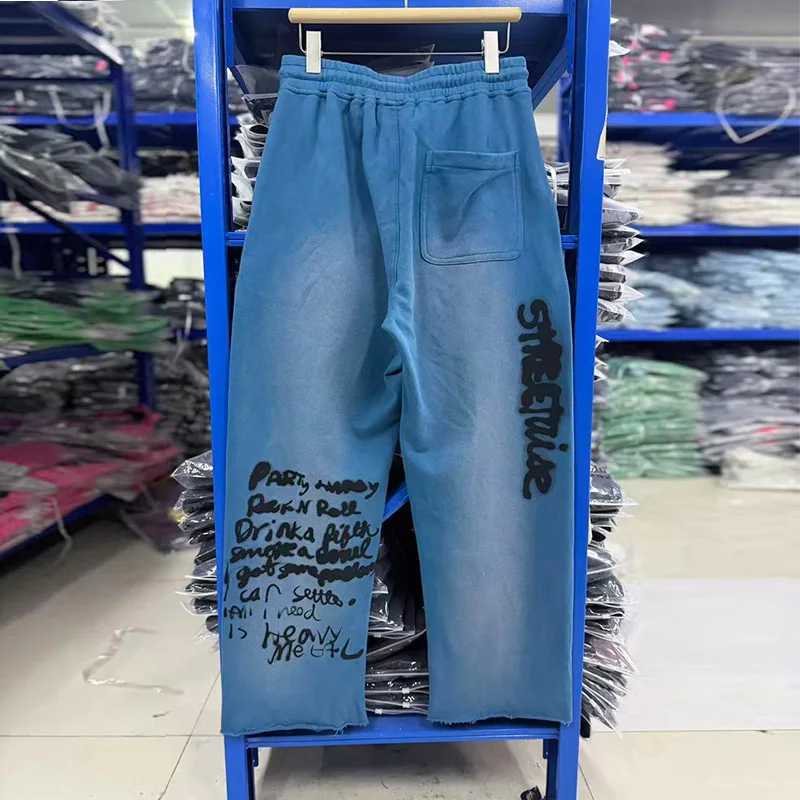 Men Women Jogger Drawstring Vintage Washed Blue Cotton Casual Pants Character Pattern Print Yellow Striped Paly Sweatpants Tag T261008