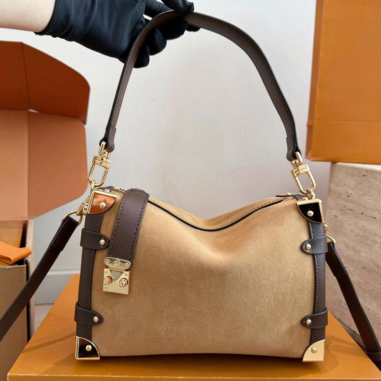 High Quality Soft Box Suede Crossbody Bag Women Retro Handbag Gold Metal Corner Rivet Decor Shoulder Bag Vintage Portable Purse Daily Evening Multi