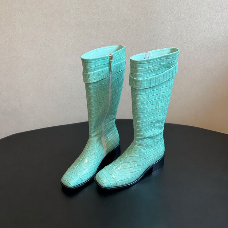Designer Croc Embossed Knee High Boots, Women Square Toe Block Heel Tall Boots, Buckle Strap Leather Footwear For Party Dating Street