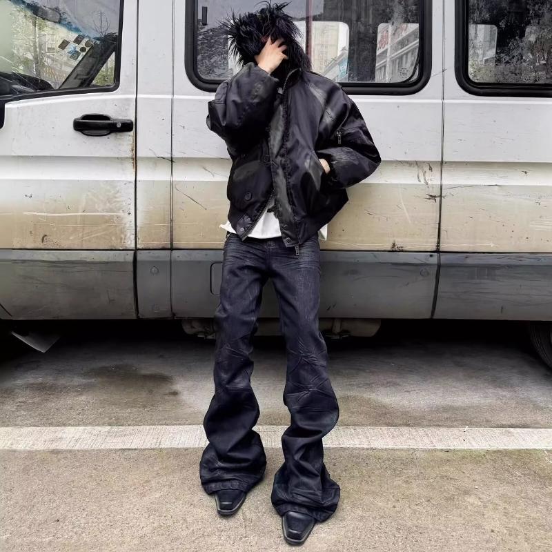 Designer High Quality Unisex Black Waxed Coated Bootcut Jeans Slim Fit Stacked Flared Denim Pants Vintage Streetwear Casual Trousers S-3XL