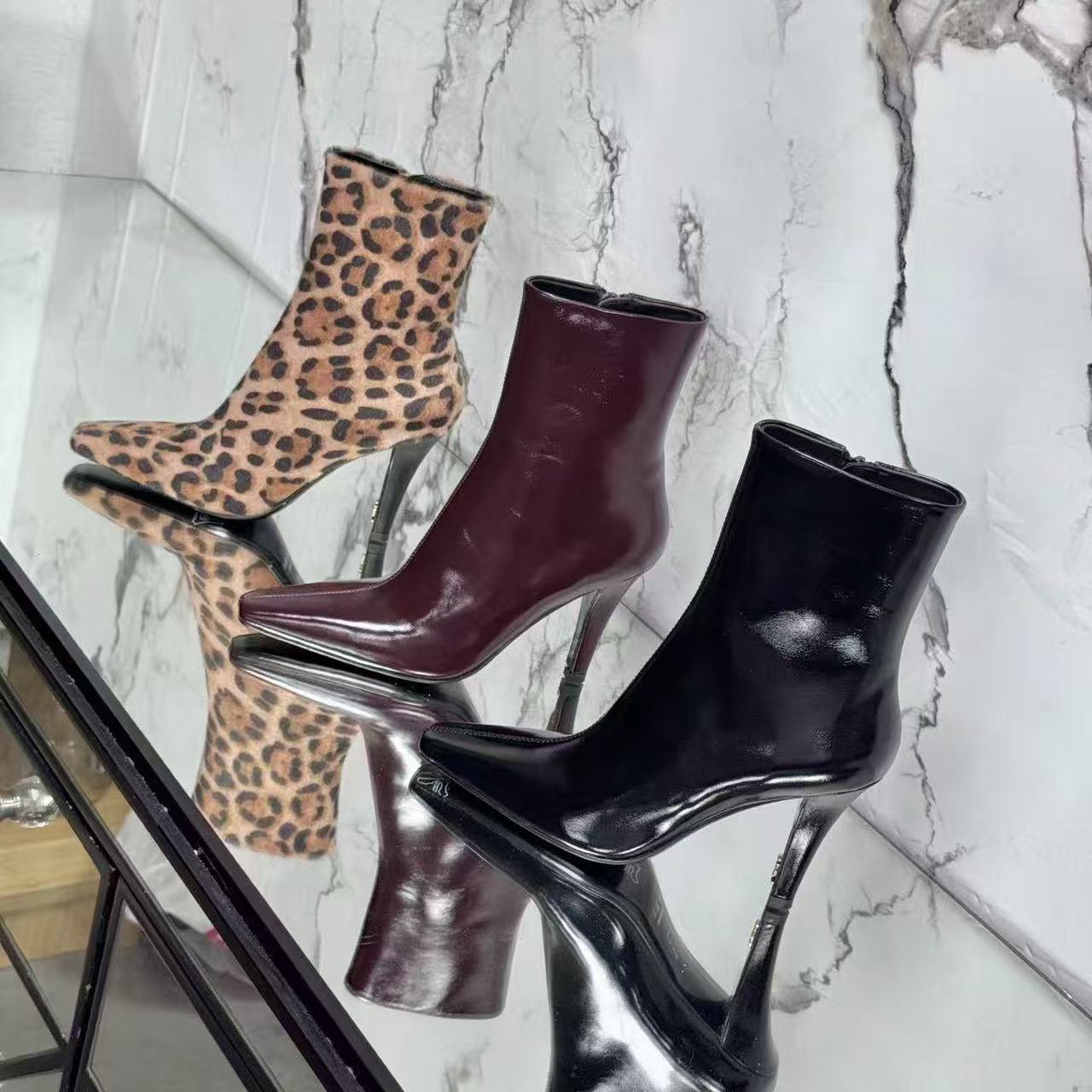 Women's Pointed Toe Ankle Boots Unique Sculptural High Heel Side Zipper Booties Leopard Print & Solid Color Fashion Dress Boots for Party Eveni