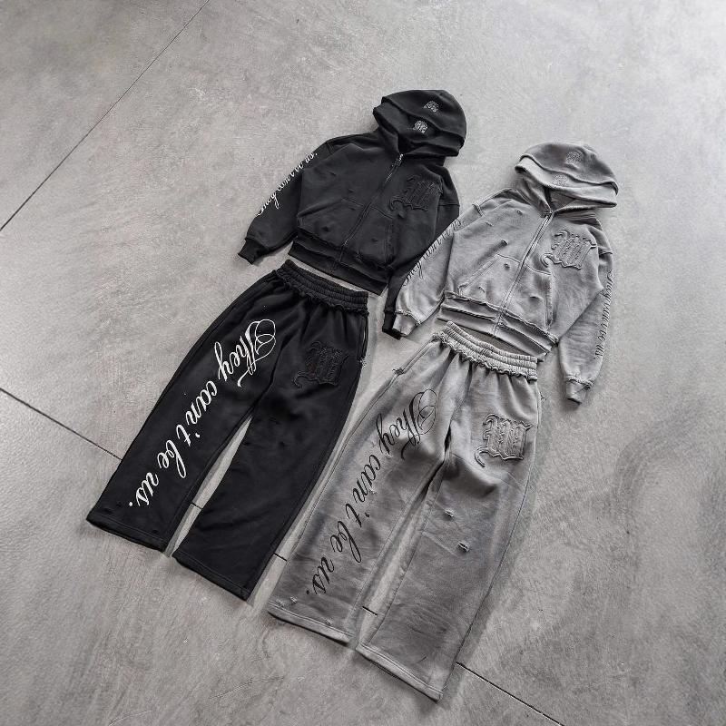 Designer Best-seller Harajuku Sweat à capuche zippé en détresse et pantalon taille basse Ensemble Automne Hiver Streetwear Deux pièces Survêtemen