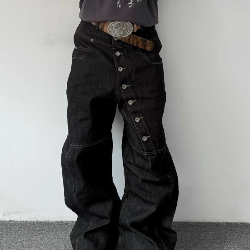Designer Streetwear Jeans rétro à jambes larges pour hommes, coupe ample, jambe droite, pantalon en denim noir délavé, bouton décontracté, longue