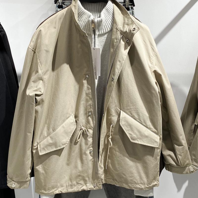 Designer hommes Vintage vêtements de travail coton veste courte fermeture éclair col montant Parka manteau solide Beige coupe ample automne vêtem