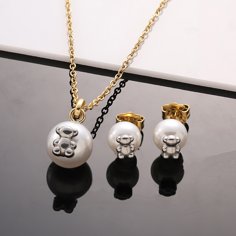Mode femmes hommes or acier inoxydable ours blanc rond grande perle dessin animé portée chaîne pendentif collier boucles d'oreilles ensembles bij