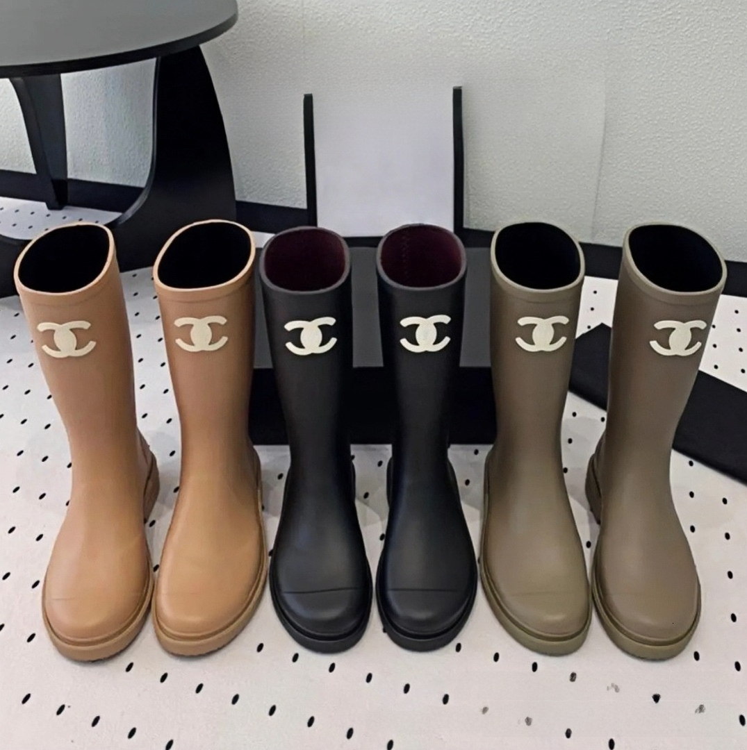 Designer Shoes Women Luxury Tall Rubber Rain Boots Burgundy Fabric Lining Non Slip Flat Sole Waterproof Knee High Boots Outdoor Daily Walking Rain F
