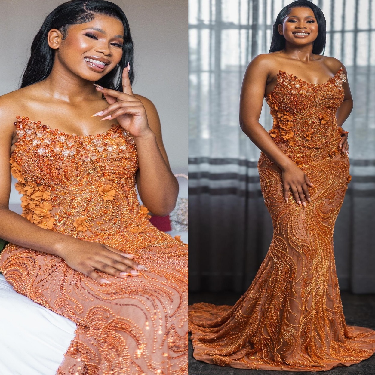 Aso Ebi Nigerian Mermaid Orange Prom Dress 2026 Pearls Flowers Crystals Evening Dresses Birthday Formal Party Reception Second Long Dinner Dress Gow