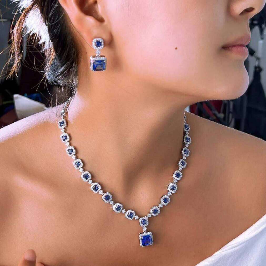 2026 Choucong Wedding Jewelry Sets Luxury 18K perfume White Gold Fill Princess Blue Sapphire Banquet Dangle Earrings Party Women Elegant cologne Bri